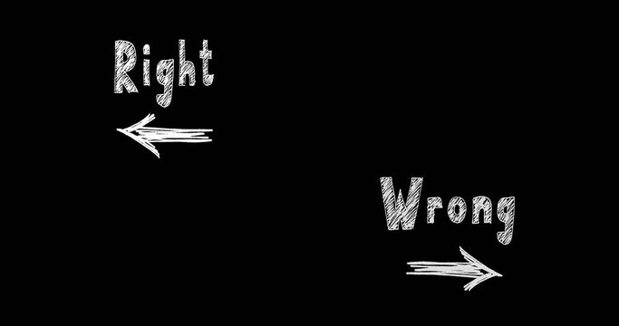 Direction Way to Right versus Wrong contrast concept. 4k footage with alpha transparency channel isolated on black background.