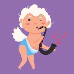 Valentine Cupid love playfully angel. Cute boy or girl cupid. Flying angel love playing music on saxophone.