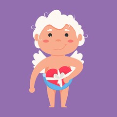 Valentine Cupid love playfully angel. Cute boy and girl couple. Flying angel love holding box of chocolates.