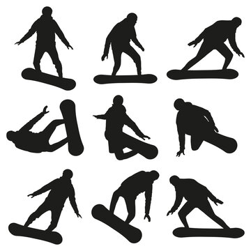 Snowboarding vector black silhouettes set isolated on a white background.