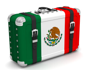Stylish suitcase with the national Flag of Mexico. Retro suitcase with the national Flag of Kingdom of Mexico stands on a white surface. 3D illustration