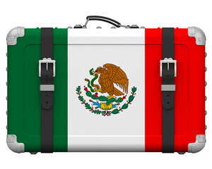 Stylish suitcase with the national Flag of Mexico. Retro suitcase with the national Flag of Kingdom of Mexico stands on a white surface. 3D illustration