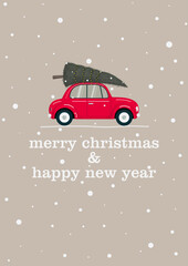 retro red car with green tree and light garland on roof, merry christmas and happy new year text, flat textured shadow style, stock vector illustration for vertical poster, header, postcard, card
