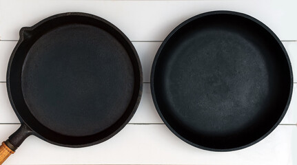 The two cast iron frying pans over the background of whiteboards. 
