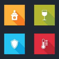 Set Information desk, Wine glass, Shield and Thermometer icon. Vector.