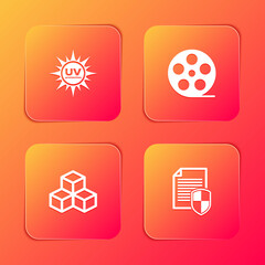 Set UV protection, Film reel, Isometric cube and Document icon. Vector.