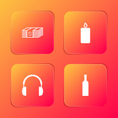 Set Paper money dollars cash, Burning candle, Headphones and Bottle of wine icon. Vector.