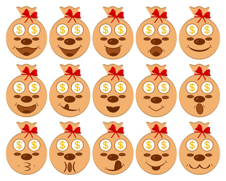 Money Bags Emoji And Emoticon. Set Of Sacks With Dollar Sign In Cartoon Style With Faces And Smiles. Isolated Icons And Drawings.