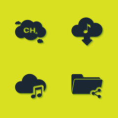 Set Methane emissions reduction, Share folder, Music streaming service and Cloud download music icon. Vector.