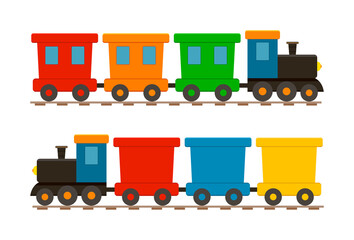 Fototapeta na wymiar Toy train for kid. Cartoon child locomotive with wagons. Icon of cute train on railway. Isolated set on white background for children. Locomotive with engine and wheels on rails for holiday. Vector