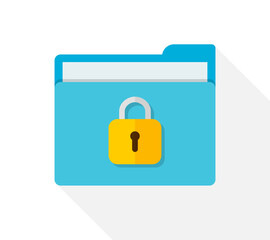 File in folder with lock. Icon of confidential of document. Privacy and secure data. Protect of information with padlock, secret and password. Safety storage files in computer, archive, app. Vector