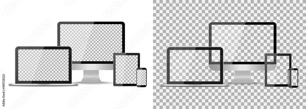 Poster mockup of devices. laptop, tablet, computer, phone isolated on transparent background. pc with trans