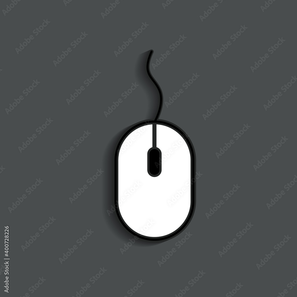 Poster icon of computer mouse. white mouse isolated on black background. symbol of click or scroll. logo fo