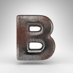 Letter B uppercase on white background. Rusty metal 3D letter with oxidized texture.