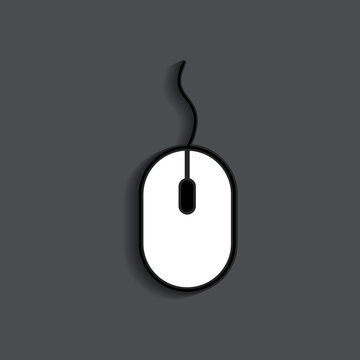 Icon of computer mouse. White mouse isolated on black background. Symbol of click or scroll. Logo for pc and mousepad. Wireless technology for communication with device. Graphic icon. Vector