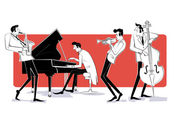Vector illustration of a Jazz band with double-bass, trumpet, saxophon and piano on red background.