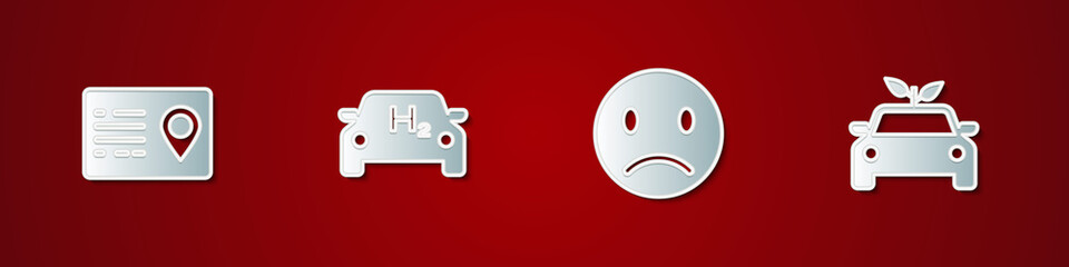 Set Address book, Hydrogen car, Sad smile and Eco concept drive icon. Vector.