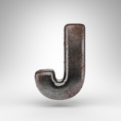 Letter J uppercase on white background. Rusty metal 3D letter with oxidized texture.