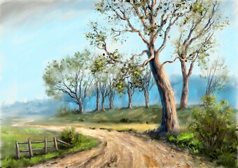 Watercolor rural paintings landscape in the village. Fine art.