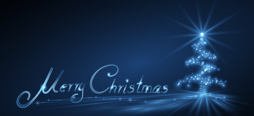 Merry Christmas auf dunkelblauem Hintergrund mit funkelndem Weihnachtsbaum rechts ausgerichtet. - obrazy, fototapety, plakaty