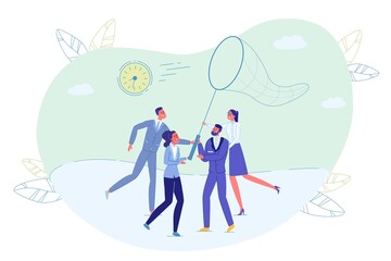 People Staff with Net Try to Catch Flying Clock