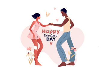 Happy Valentine's Day type. Salsa party. Beautiful young couple dancing salsa in the city. Street dancing. People in love, dating. Vector illustration cartoon style. Dance studio logo.