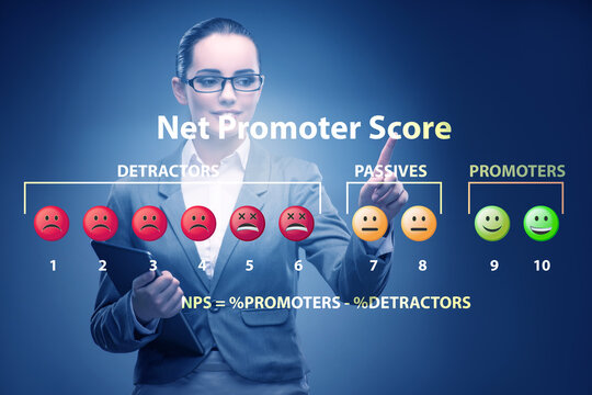 Net Promoter Score NPS concept with businesswoman pressing virtu