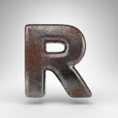 Letter R uppercase on white background. Rusty metal 3D letter with oxidized texture.