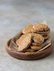 Shortbread cookies with candied fruits on light concrete background. Tutti Frutti cookies.