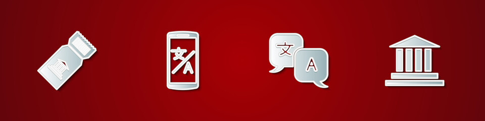 Set Museum ticket, Online translator, Translator and building icon. Vector.