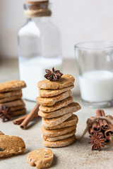 Danish spicy butter cookies with candied fruits, cinnamon sticks and anise and glass of milk, light concrete background.