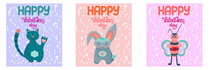 A set of Valentine's Day greeting cards isolated on a white background. happy valentine's day greeting cards with cute animals in scandinavian style for february 14..