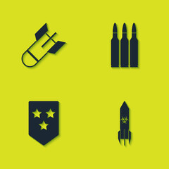 Set Aviation bomb, Biohazard rocket, Chevron and Bullet icon. Vector.