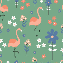 Seamless pattern with cute cartoon flamingo and flower for fabric print, textile, gift wrapping paper. colorful vector for kids, flat style