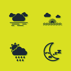Set Cloud, Moon icon, with rain and sun and Sunset icon. Vector.