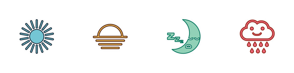 Set Sun, Sunset, Moon icon and Cloud with rain icon. Vector.