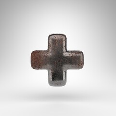 Obraz premium Plus symbol on white background. Rusty metal 3D sign with oxidized texture.