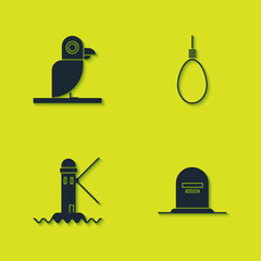 Set Pirate parrot, Tombstone with RIP written, Lighthouse and Gallows rope loop hanging icon. Vector.