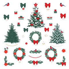 Big vector set of Christmas decorations Christmas tree, wreath, border, birds, bells, balls and gift. Template for fun decorations. Merry Christmas and a Happy New Year.