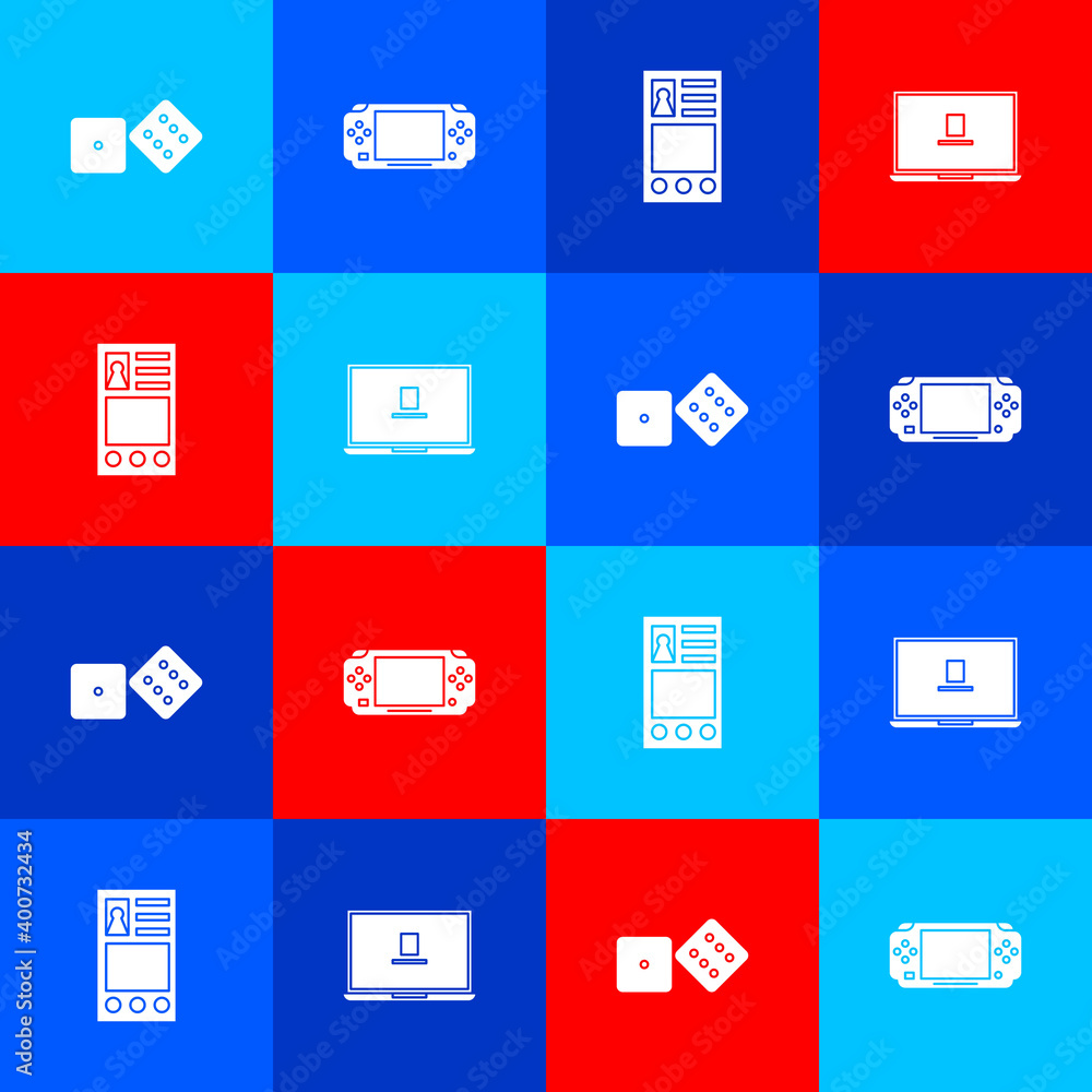 Aufkleber set game dice, portable video game console, create account screen and laptop icon. vector.