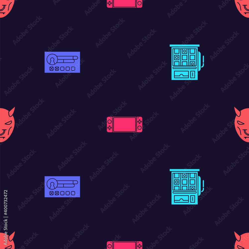 Poster set slot machine, create account screen, portable video game console and mask of the devil with horn