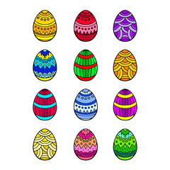 Set of cute colorful eggs. Happy easter. Vector illustration for decoration, print, stickers, wrapping paper. Isolated on white.