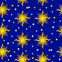 Ethnic seamless pattern of Sun and stars.Yellow and dark blue art in flat style. Vector isolated illustration for print, decoration at home, wrapping paper, fabric textile, wallpaper.