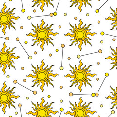 Ethnic seamless pattern of Sun and stars on white background. Vector isolated illustration for print, decoration at home, wrapping paper, fabric textile, wallpaper.