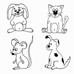 Vector Illustration Of Animal Coloring Page. Cat, dog, mouse and rabbit.
