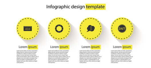 Set Page with a 404 error, Lifebuoy, Speech bubble Exclamation and Clock 24 hours. Business infographic template. Vector.