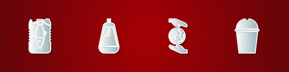 Set Stop ocean plastic pollution, Bottle for dishwashing liquid, Hands holding Earth globe and Paper glass water icon. Vector.