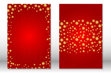 Gold confetti on red gradient background. Cover set with gold dots.