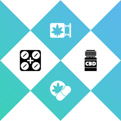 Set Medical pills with marijuana, Herbal ecstasy tablets, Marijuana and cannabis store and bottle icon. Vector.