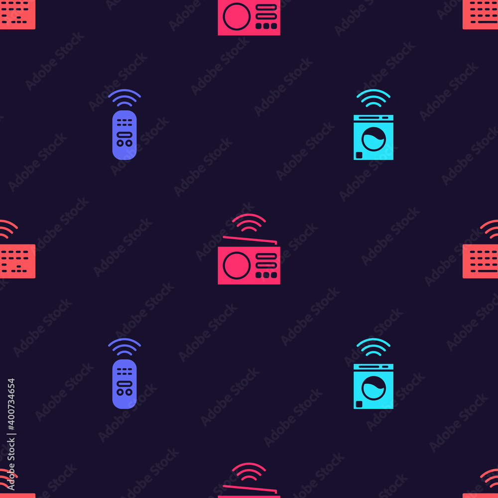 Poster set smart washer, remote control, radio and wireless keyboard on seamless pattern. vector.